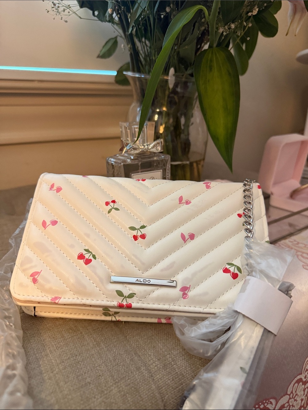 ALDO Cream Quilted Crossbody with Cherry Print